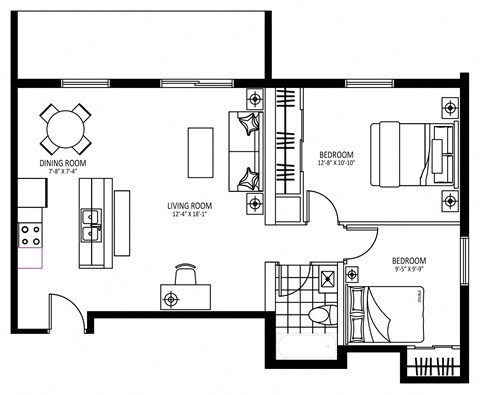 Floor plan for 2 beds, 1 bath, 815 sqft